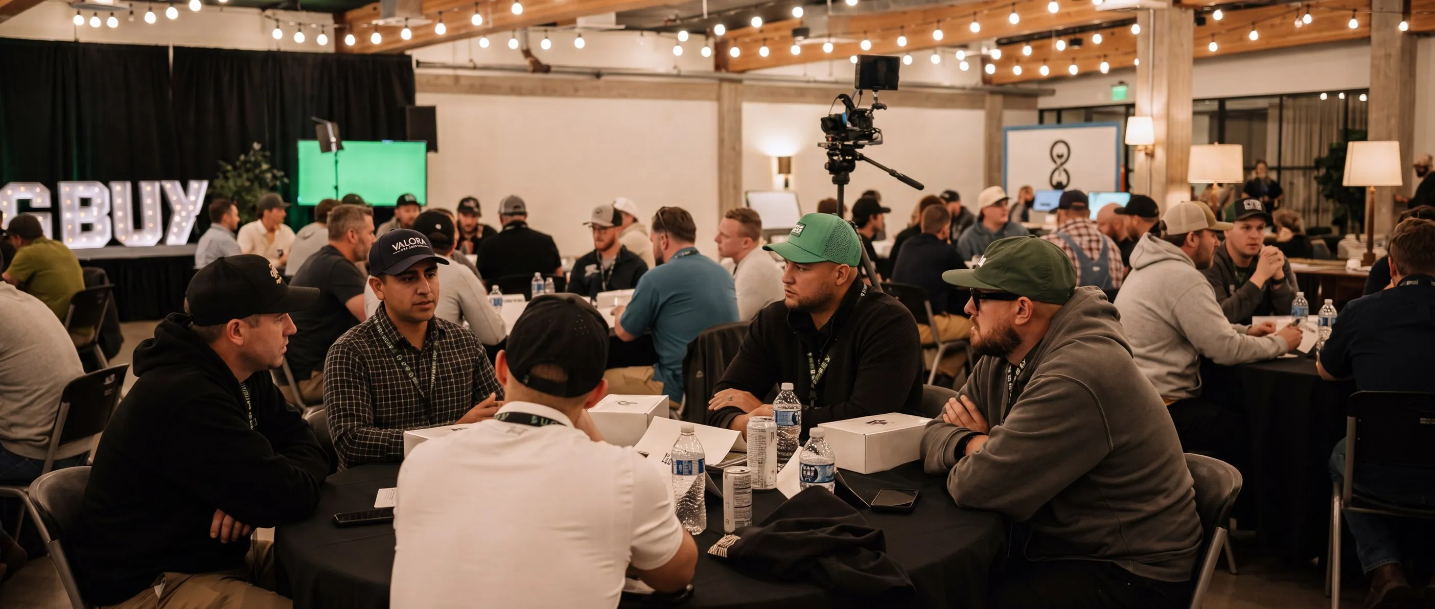 Pest control owners deep in conversation at tables during a Bug Bux Con session